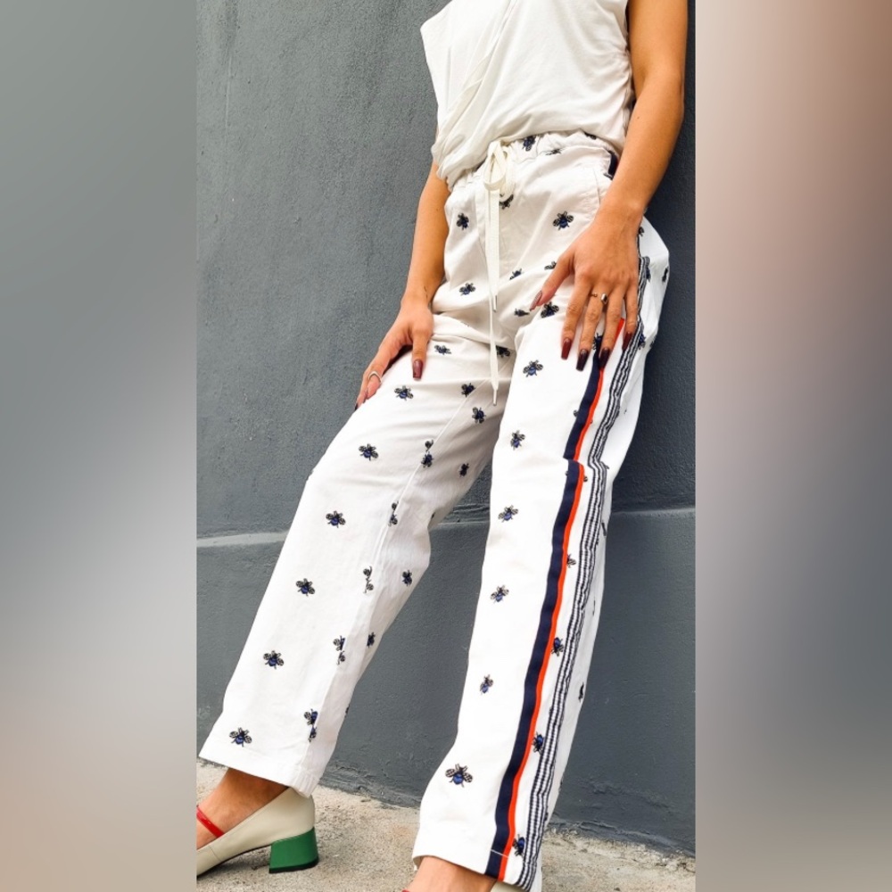 Anthropologie White and Blue Wide Leg Pants